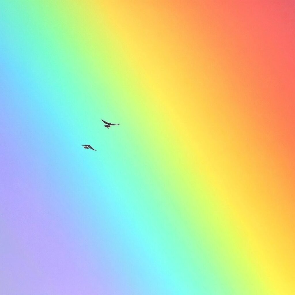 birds flying though rainbow