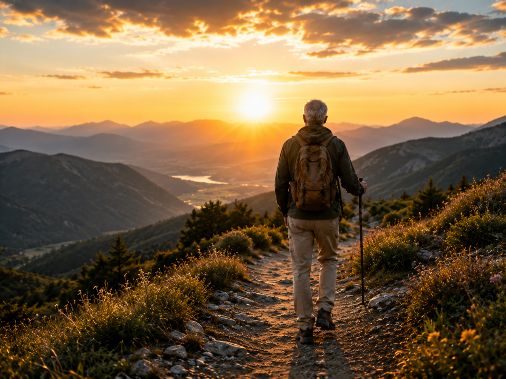 man walking toward sunrise