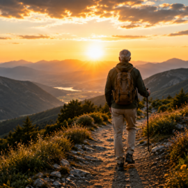 man walking toward sunrise