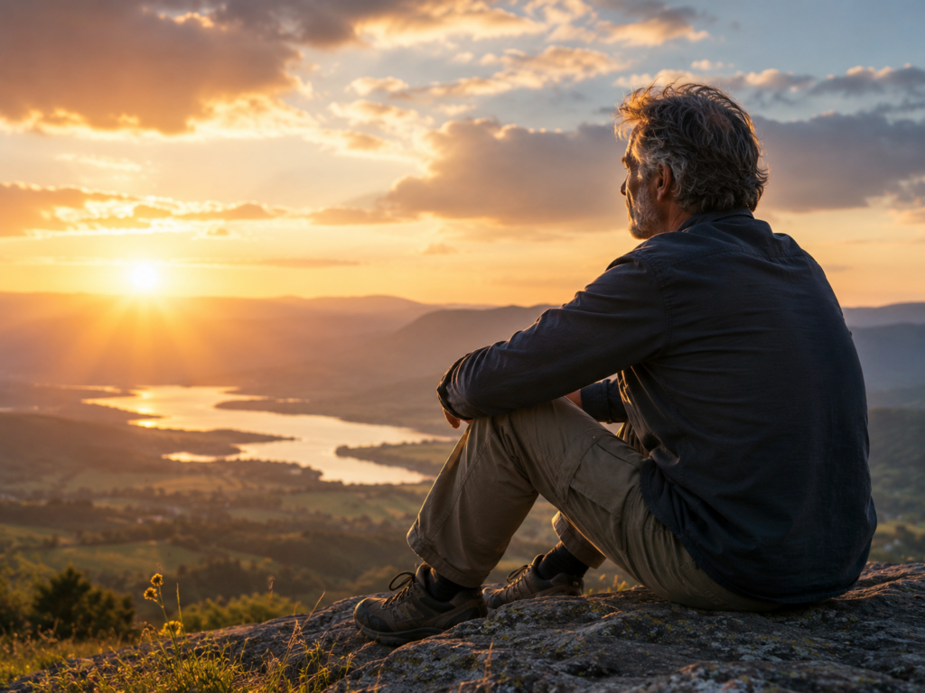 man looking out at a sunrise