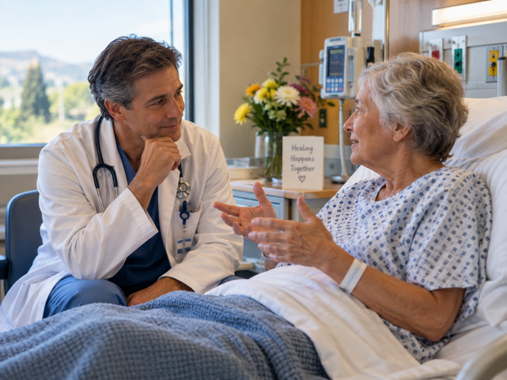 doctor talkng to patient in hospital room