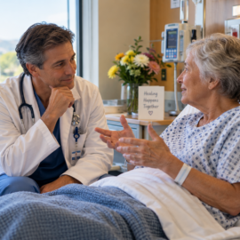doctor talkng to patient in hospital room