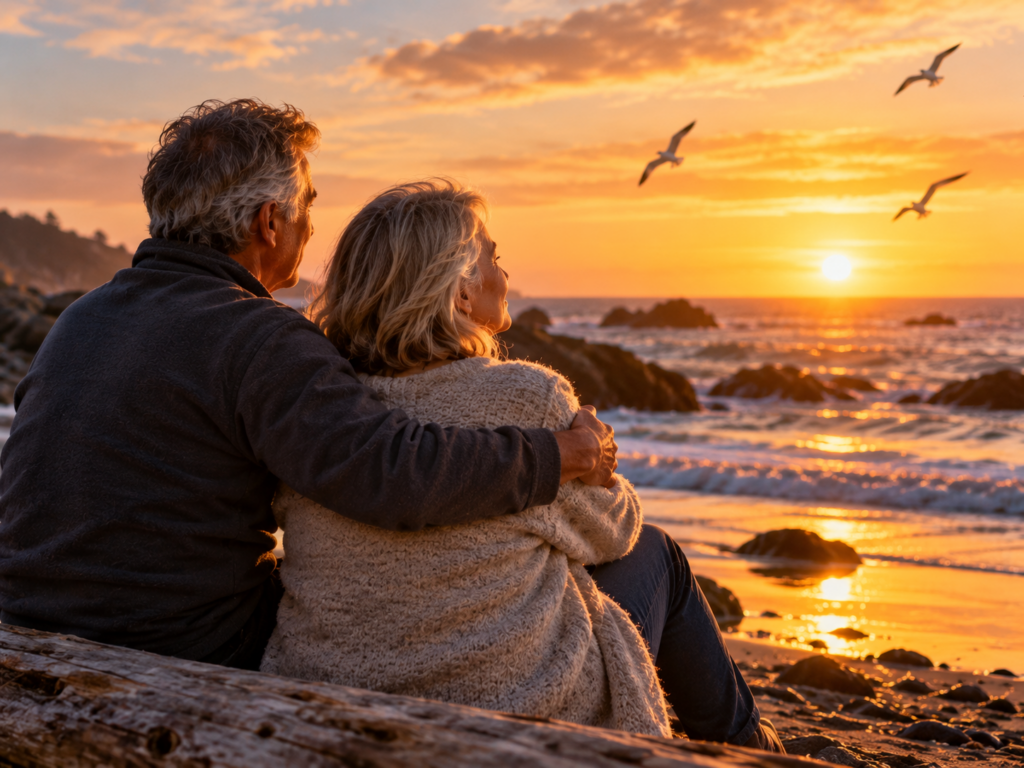Golden Sunset Ehusband and wife at the beach at sunsetmbrace by the Sea
