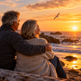 Golden Sunset Ehusband and wife at the beach at sunsetmbrace by the Sea